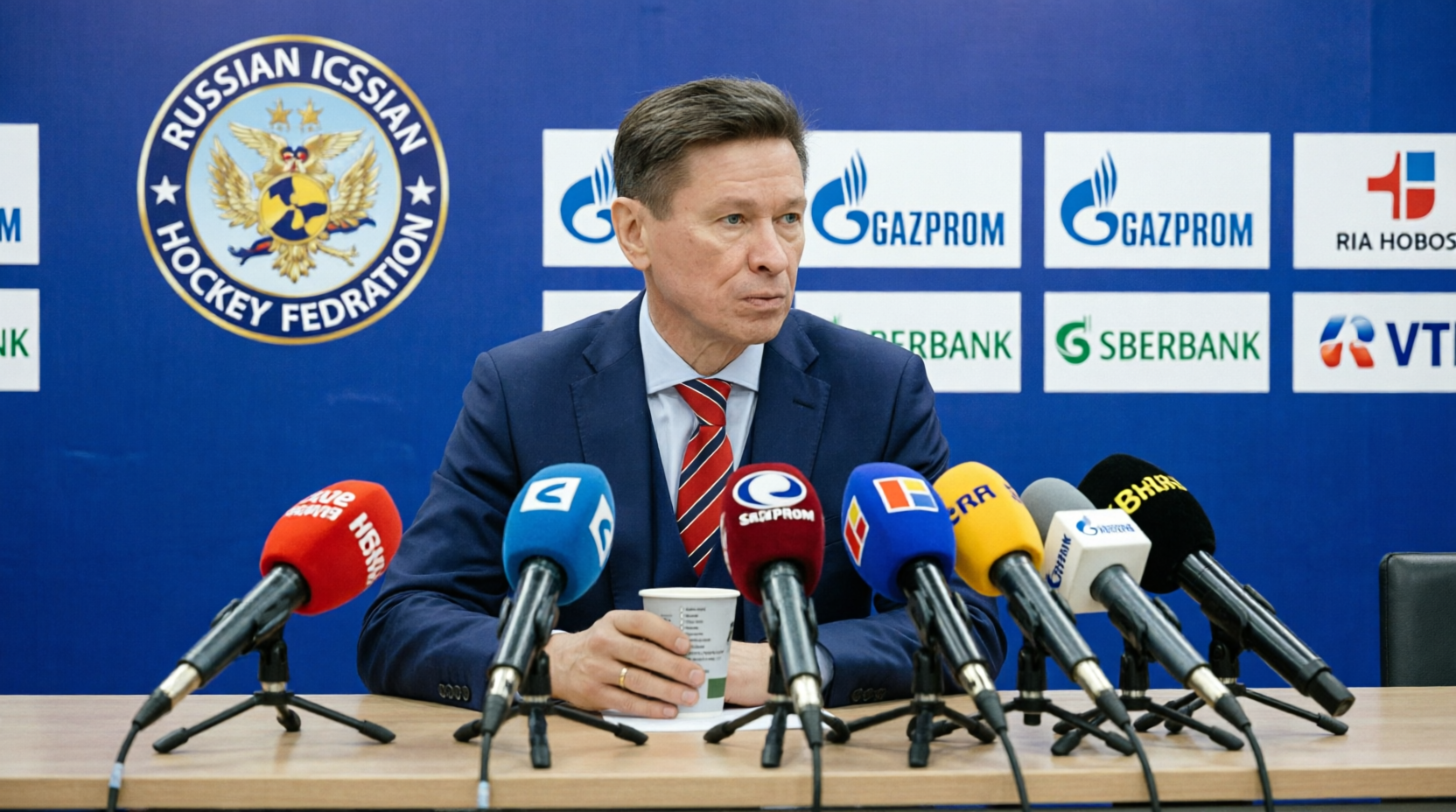 Экс-главный тренер сборной России по хоккею Вячеслав Быков во время общения с прессой.